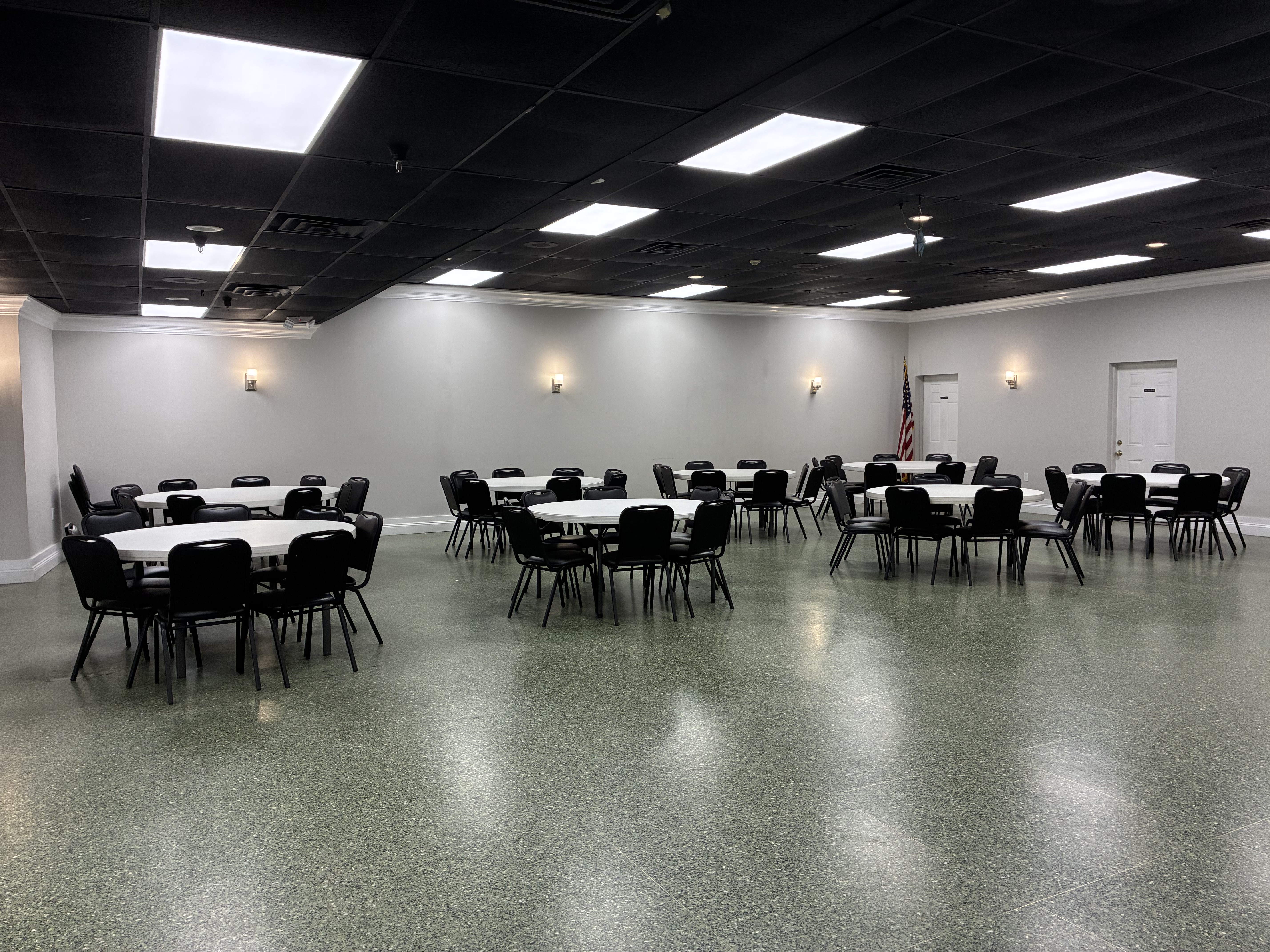 Bristol Elks banquet hall arranged with round tables and chairs